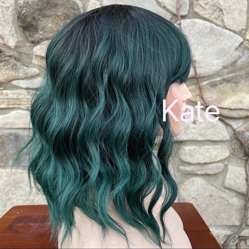 - - Human hair blend green Bob wave wig